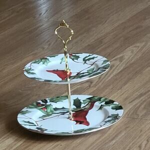 Grace Tea Ware 2-Tier Porcelain Serving Platter Red Cardinal Christmas